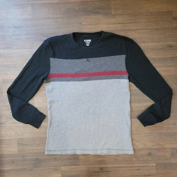 Lot of 2 MENS Waffle Thermal Shirt Crewneck Gray Blue Stripe M - Picture 2 of 7